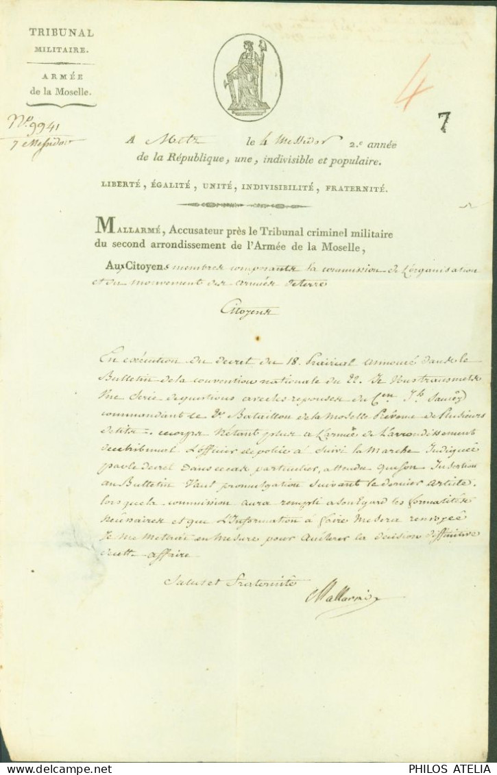 LAS Lettre Autographe Signature Mallarmé Accusateur Tribunal Criminel Militaire Armée De La Moselle Révolution - Politiek & Militair
