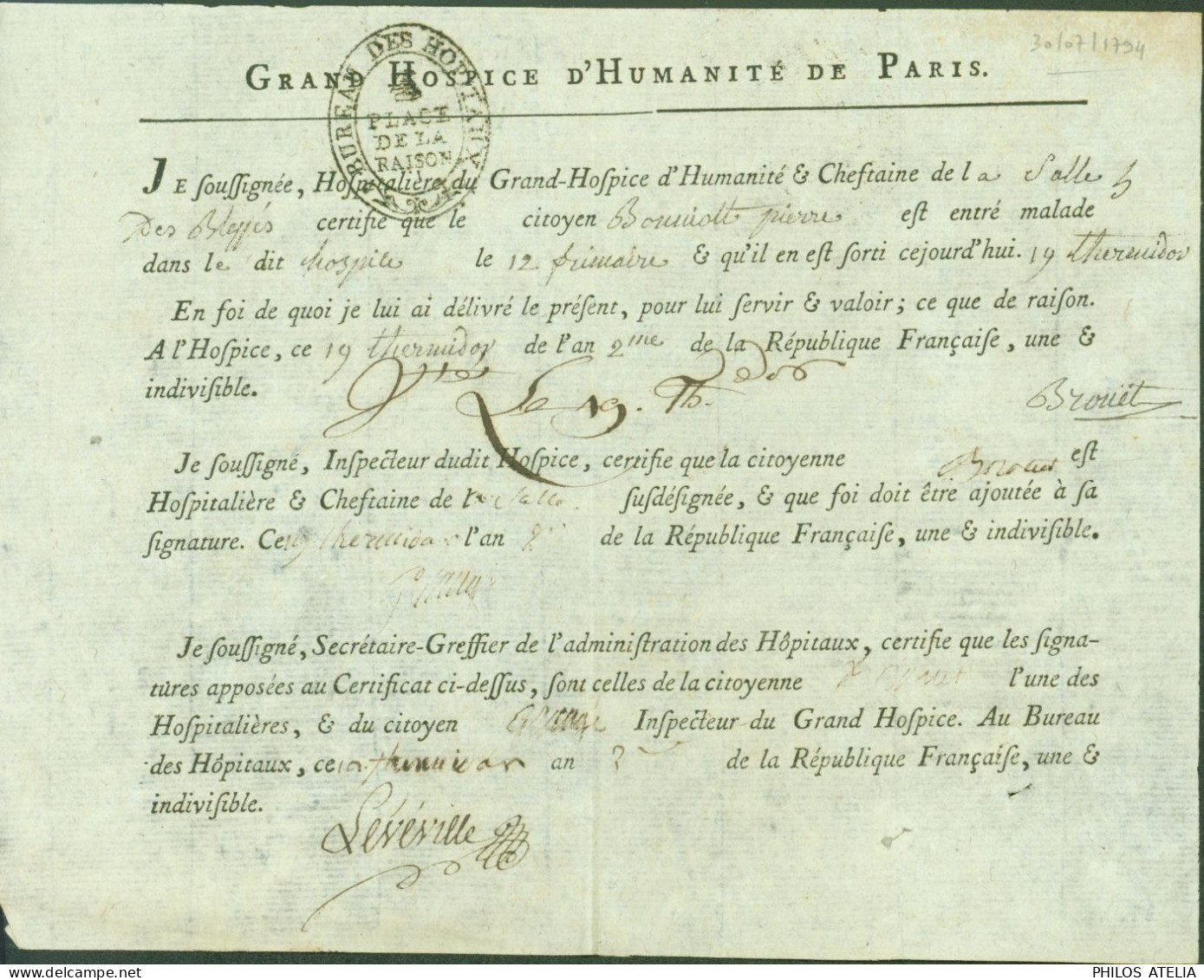 LAS Lettre Autographe Signature Hospitalière Du Grand Hospice D'humanité & Cheftaine Salle Des Blessés Révolution Paris - Politico E Militare