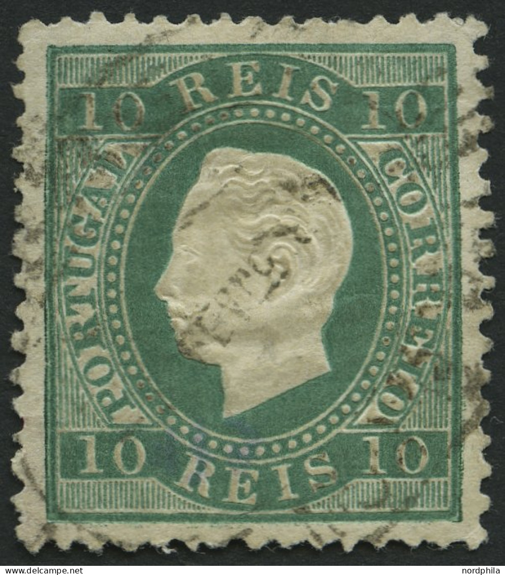 PORTUGAL 47xaB O, 1879, 10 R. Blaugrün, Gewöhnliches Papier, Gezähnt 121/2, Punkthelle Stelle Sonst Pracht, Gepr. Drahn, - Oblitérés