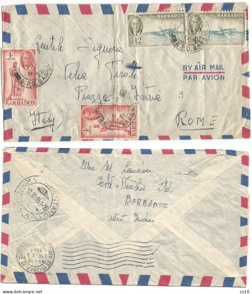 British Barbados AirmailCV GPO 6oct1951 X Italy With King George VI Regular Issue C12x2 + C4x2 - Barbados (1966-...)