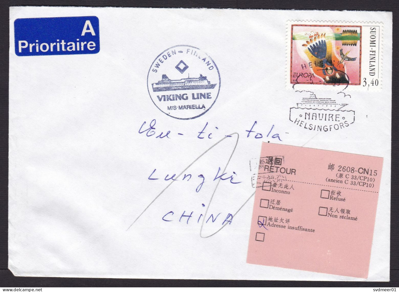 Finland: Cover To China, 1999, 1 Stamp, Ship Cancel Viking Line, Returned, CN15 Retour Label (traces Of Use) - Covers & Documents