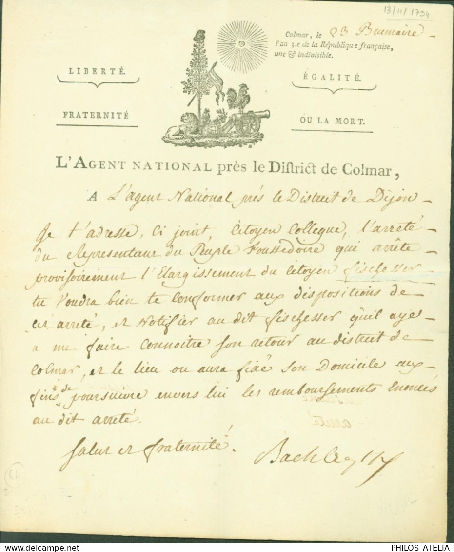 LAS Lettre Autographe Signature Agent National District Colmar à Celui De Dijon Révolution Haut Rhin Arrêté - Político Y Militar