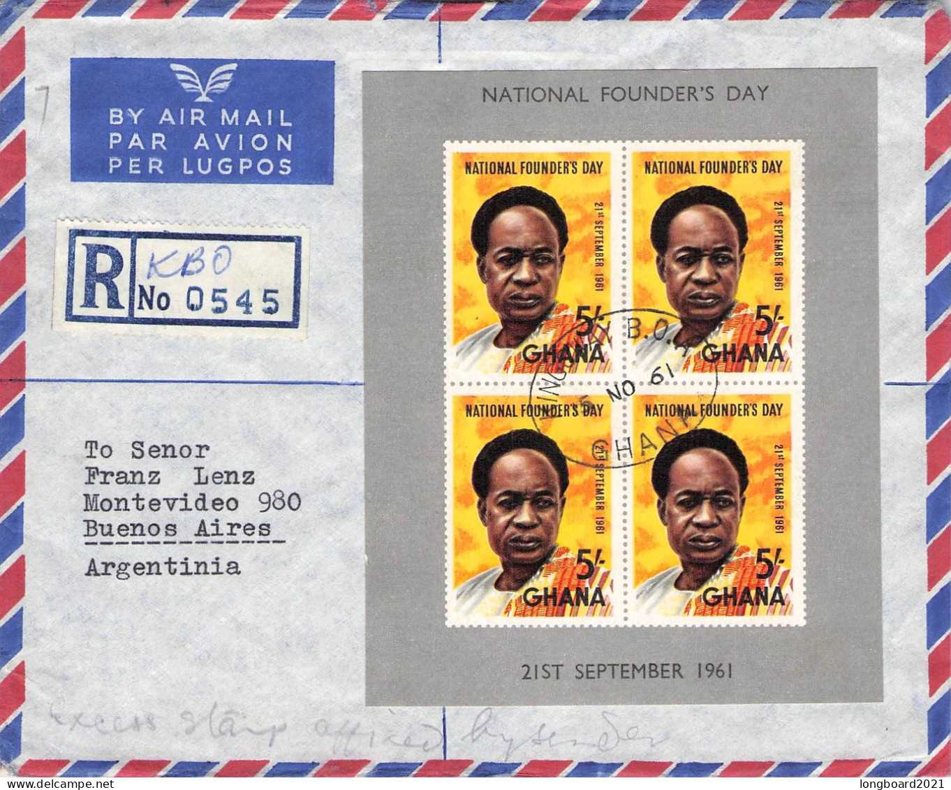 GHANA - REGISTERED AIRMAIL 1961 MINISHEET FOUNDERS DAY / 5034 - Ghana (1957-...)