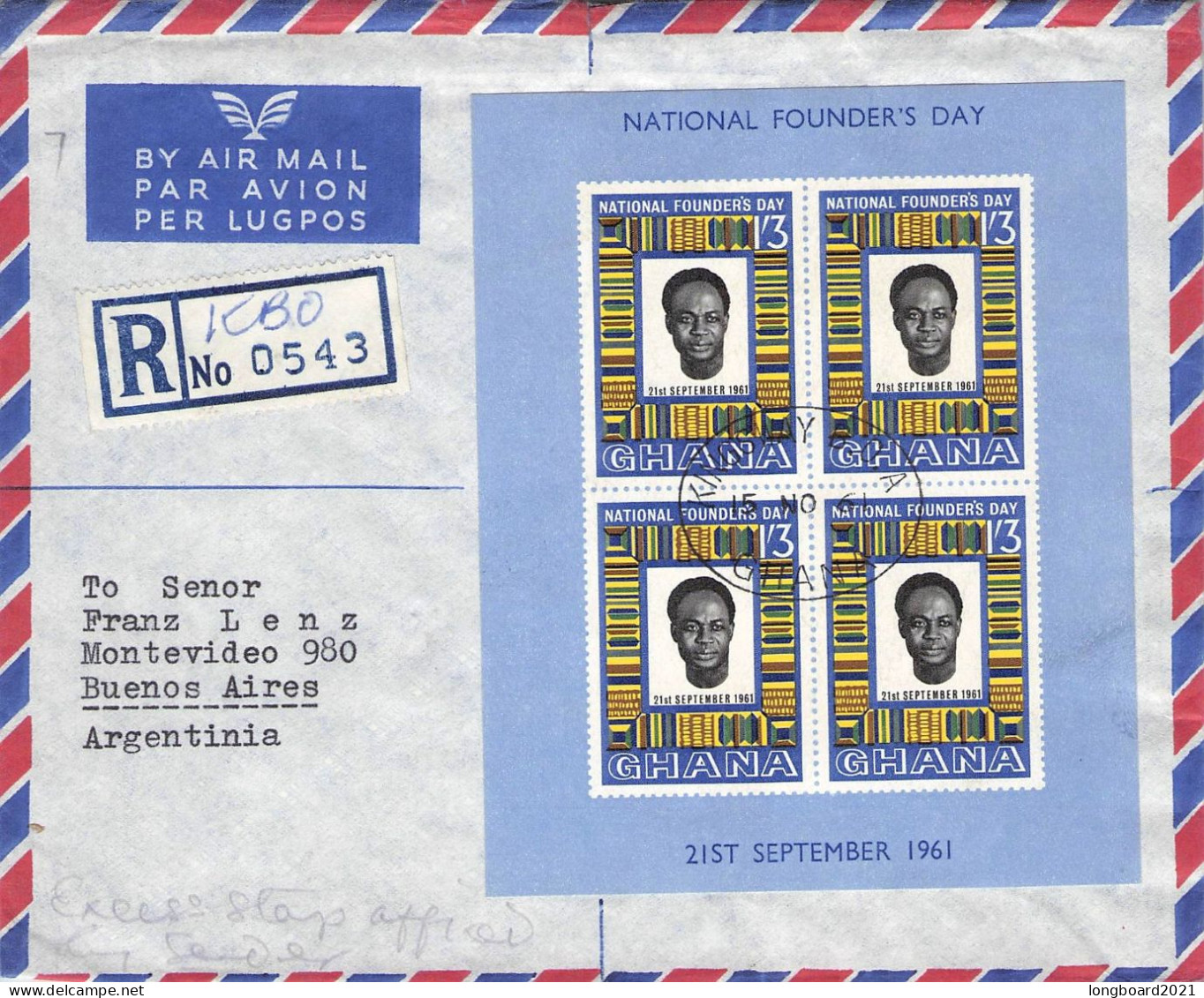 GHANA - REGISTERED AIRMAIL 1961 MINISHEET FOUNDERS DAY / 5036 - Ghana (1957-...)