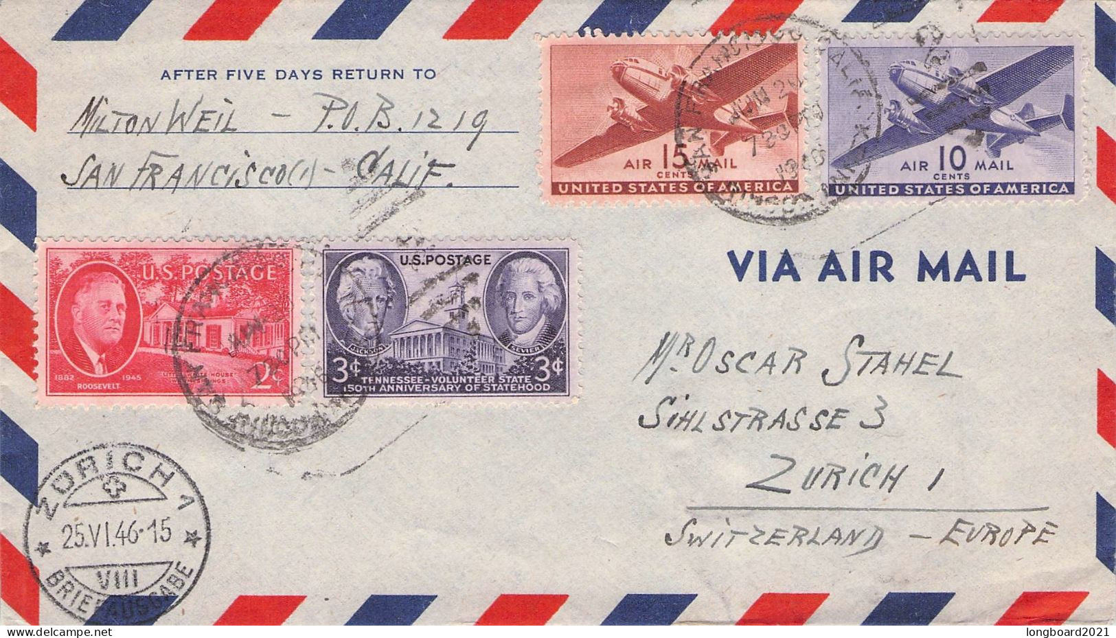 USA - MAIL 1946 SAN FRANCISCO - ZÜRICH/CH / 5042 - Storia Postale