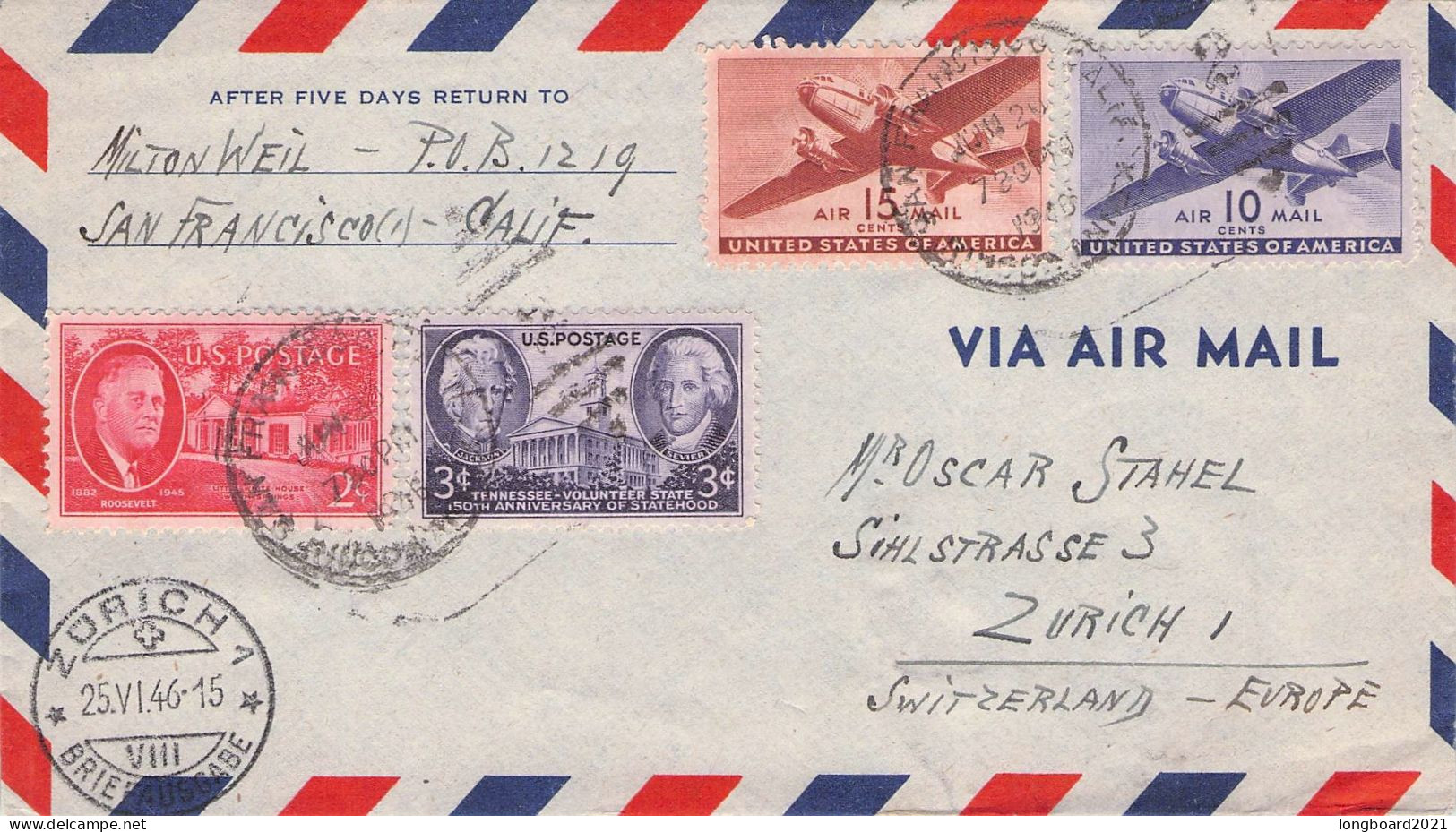 USA - MAIL 1946 SAN FRANCISCO - ZÜRICH/CH / 5042 - Briefe U. Dokumente