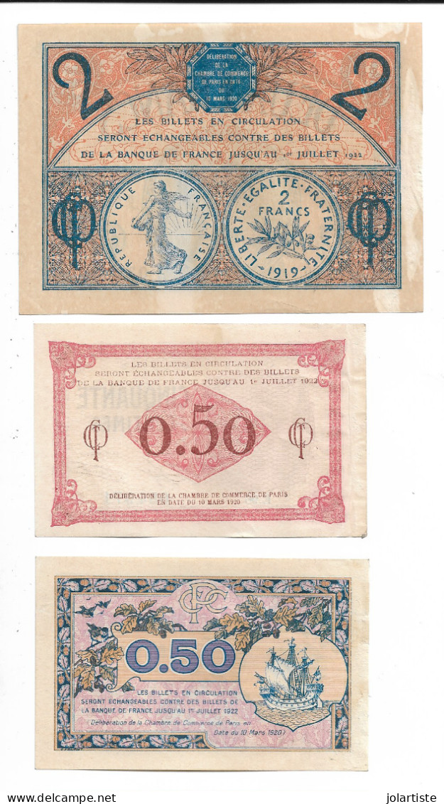 5 Billets Chambre  De Commerce De Paris Un 2 Francs 2 De 1 Franc Et 2 De 50 Centimes  N0166 - Chambre De Commerce
