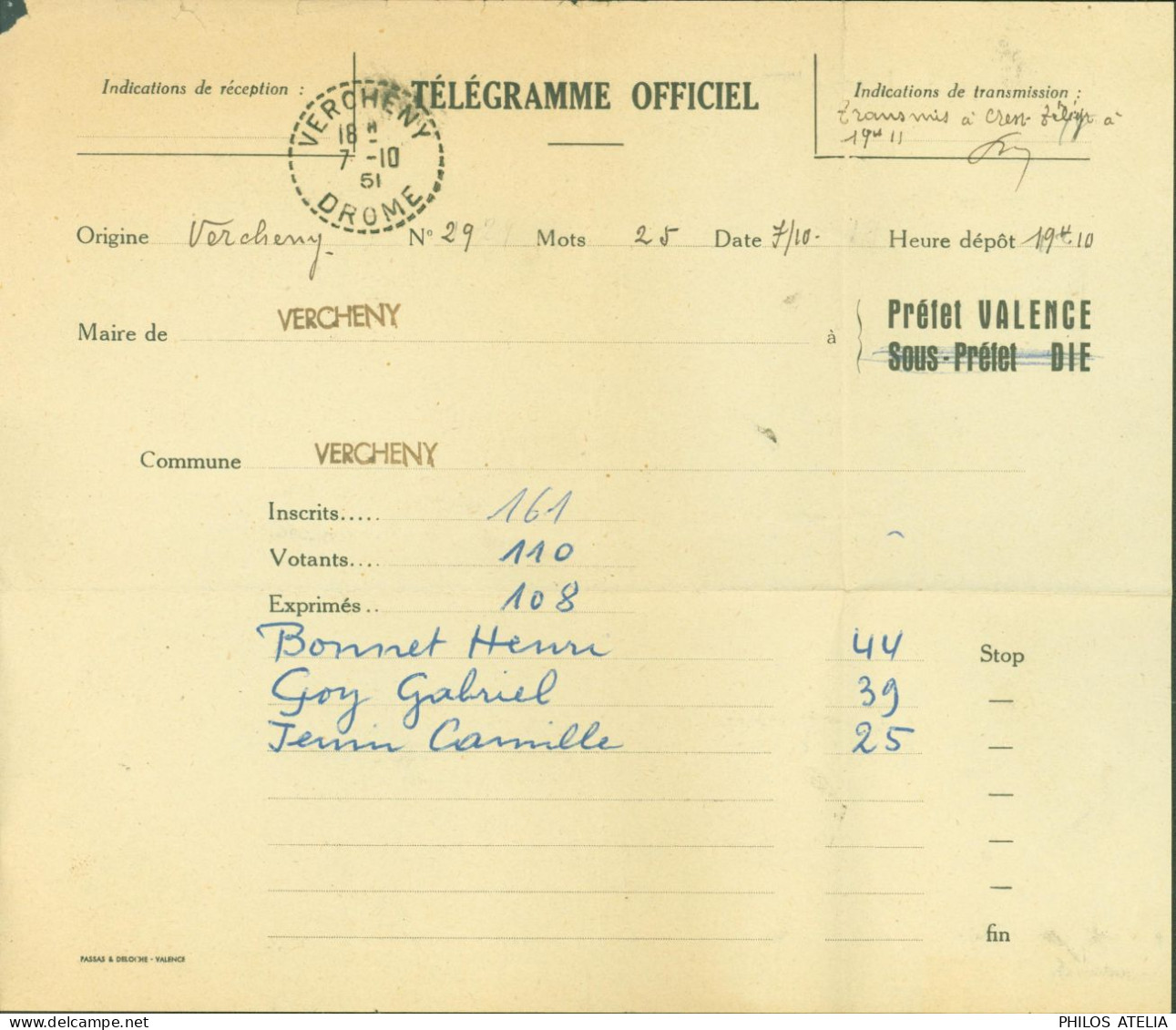 Télégramme Officiel Drôme CAD Perlé Vercheny Drôme 7 10 1951 Résultat élections - Telegraph And Telephone