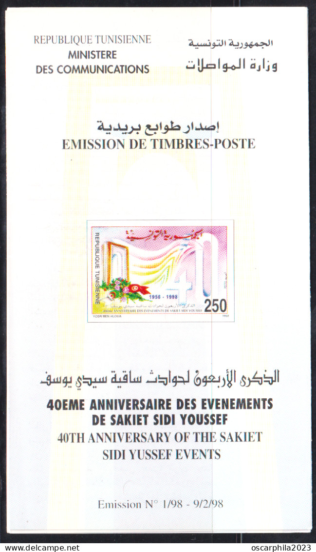 1998 - Tunisie - Y & T 1326- 40ème Anniversaire Des événements De Sakiet Sidi Youssef - Prospectus - Emissions Communes