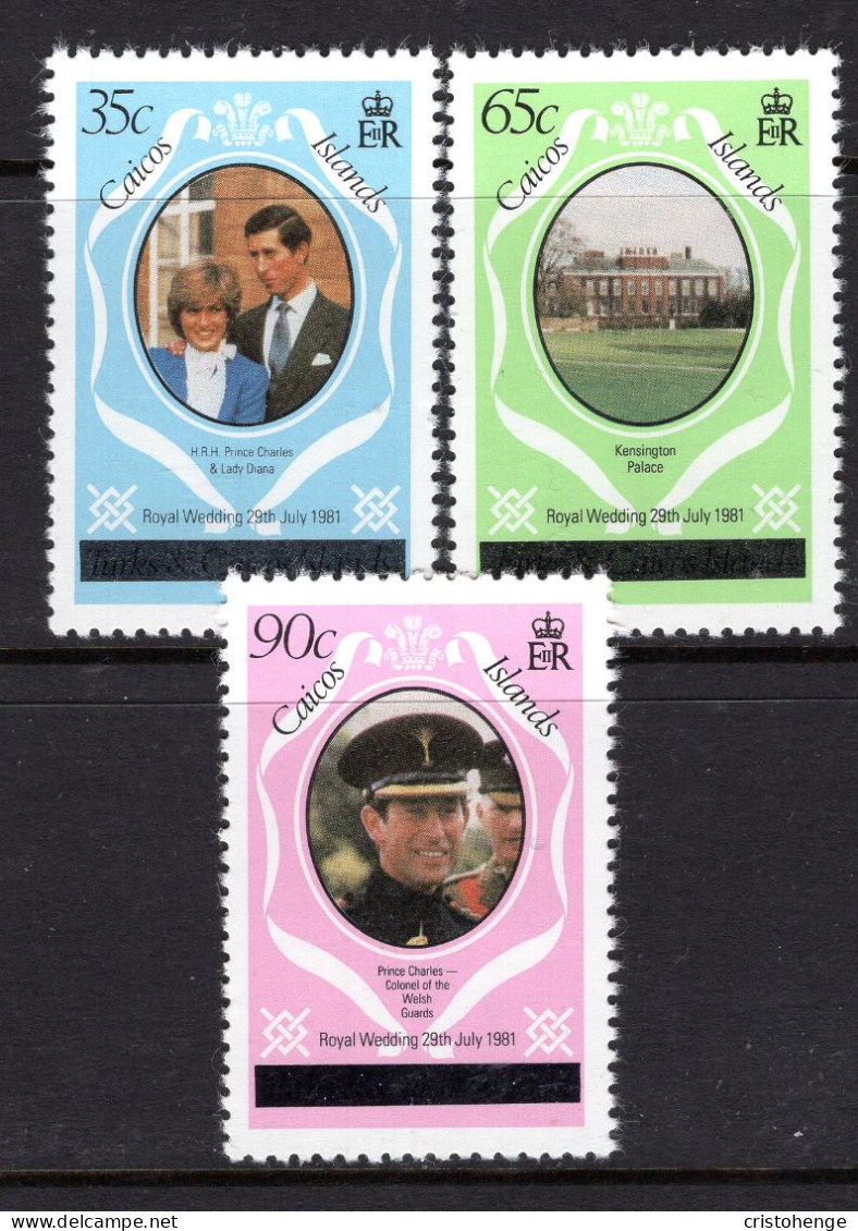 Caicos Islands 1981 Royal Wedding - P.12 - Type 1 Overprint - Set MNH (SG 8A-10A) - Turks & Caicos