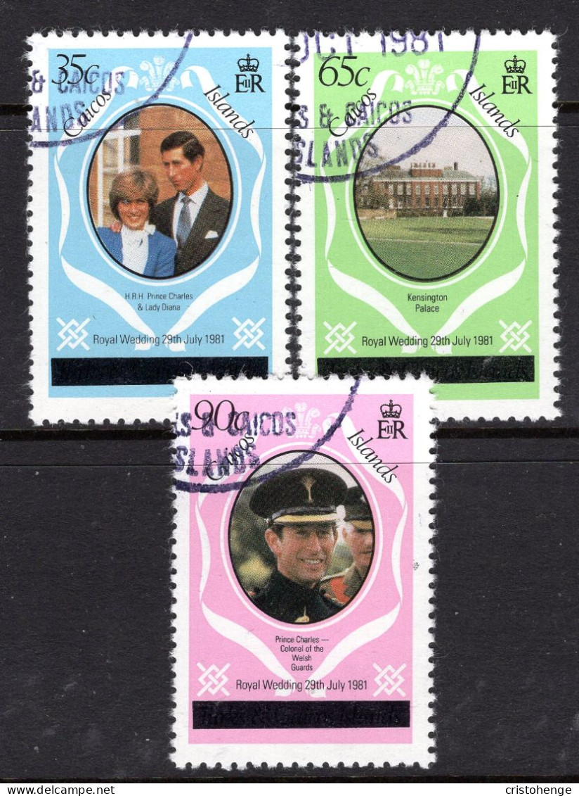 Caicos Islands 1981 Royal Wedding - P.12 - Type 1 Overprint - Set Used (SG 8A-10A) - Turks & Caicos