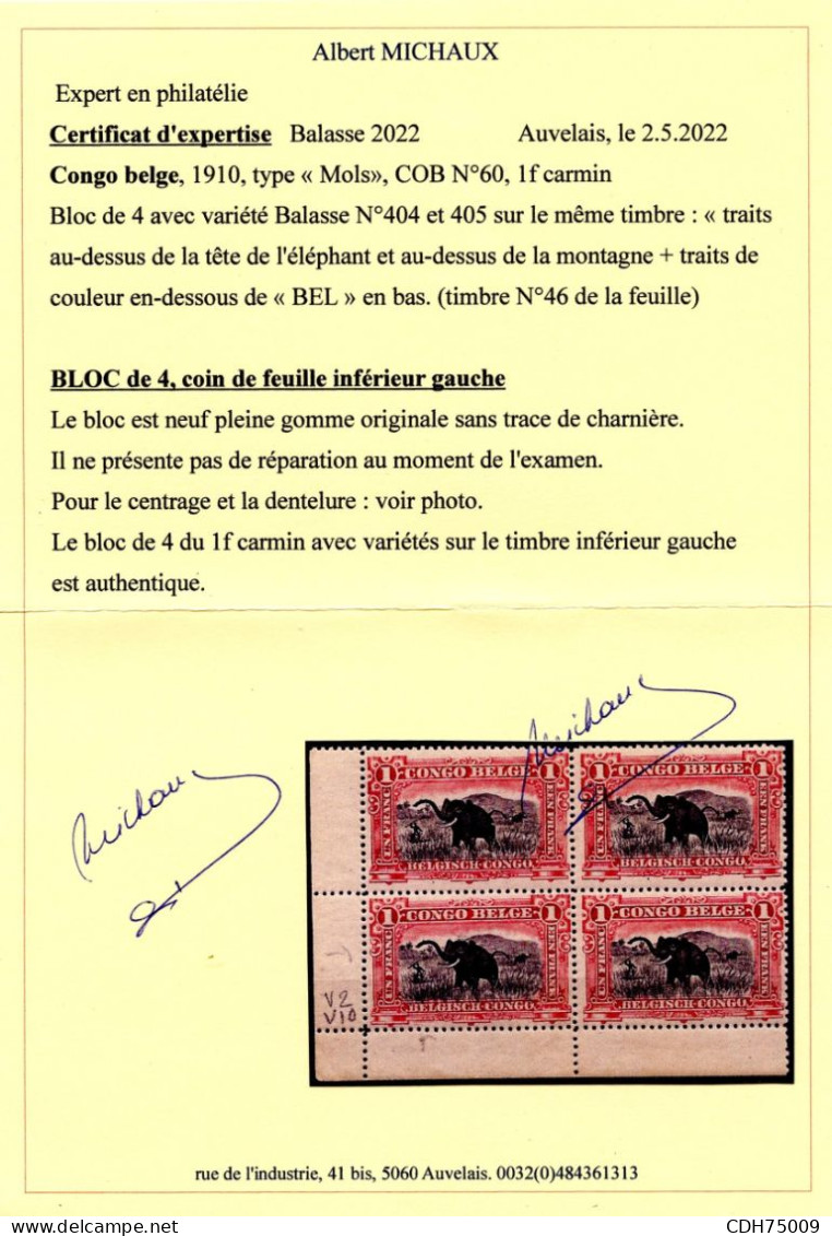 CONGO BELGE - COB 60 1F MOLS ** - CERTIFICAT - Unused Stamps