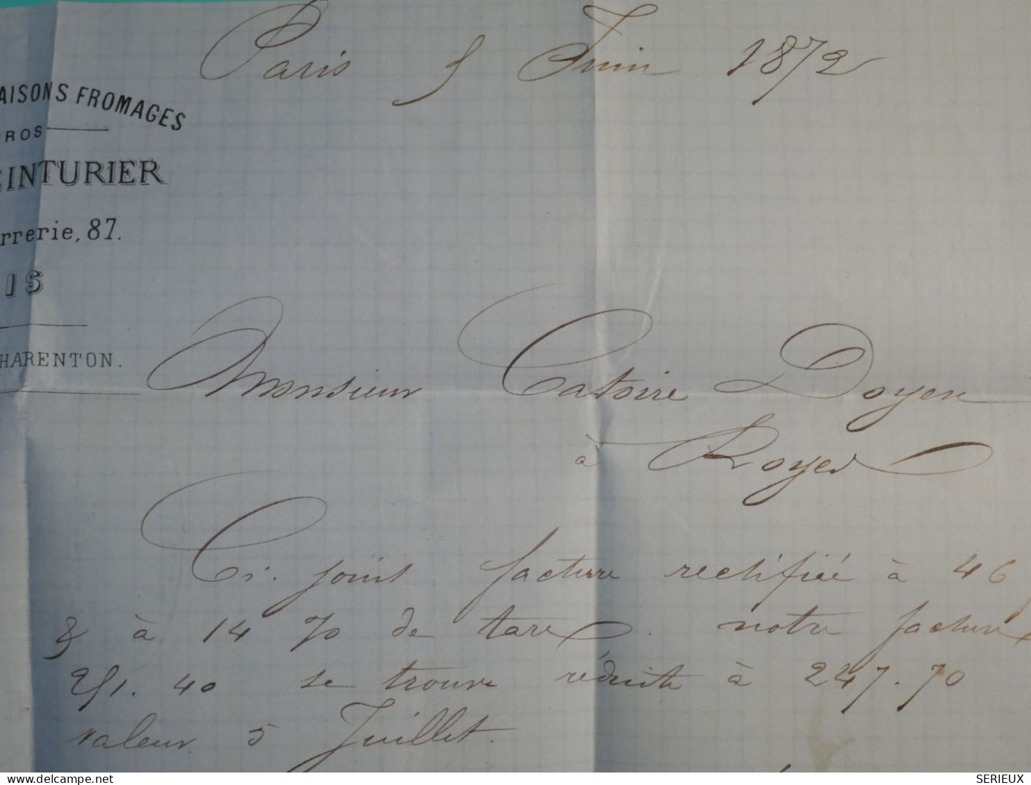 DI 3  FRANCE BELLE LETTRE 1872 ETOILE DE PARIS N°13 A ROYER  +AFF. INTERESSANT+++++ - 1849-1876: Periodo Clásico