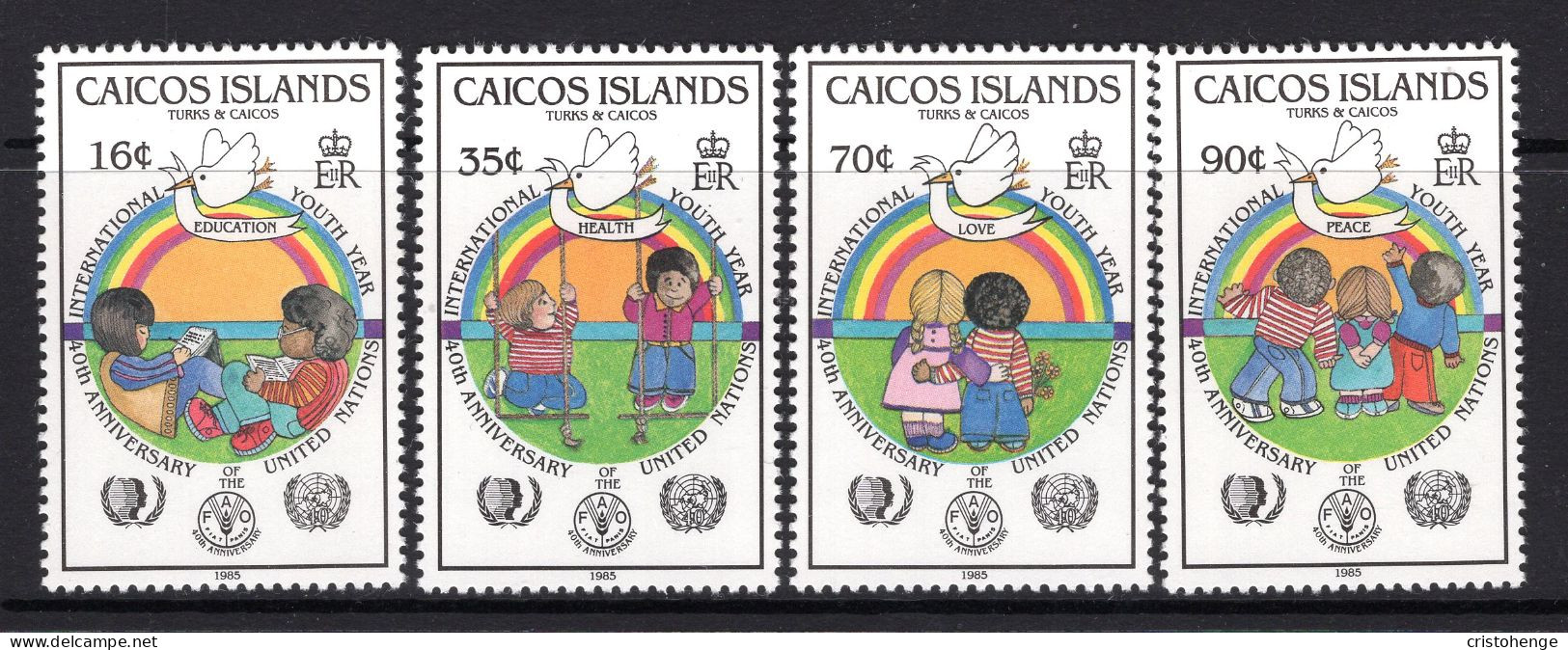 Caicos Islands 1985 International Youth Year & 40th Anniversary Of United Nations Set MNH (SG 73-76) - Turks & Caicos