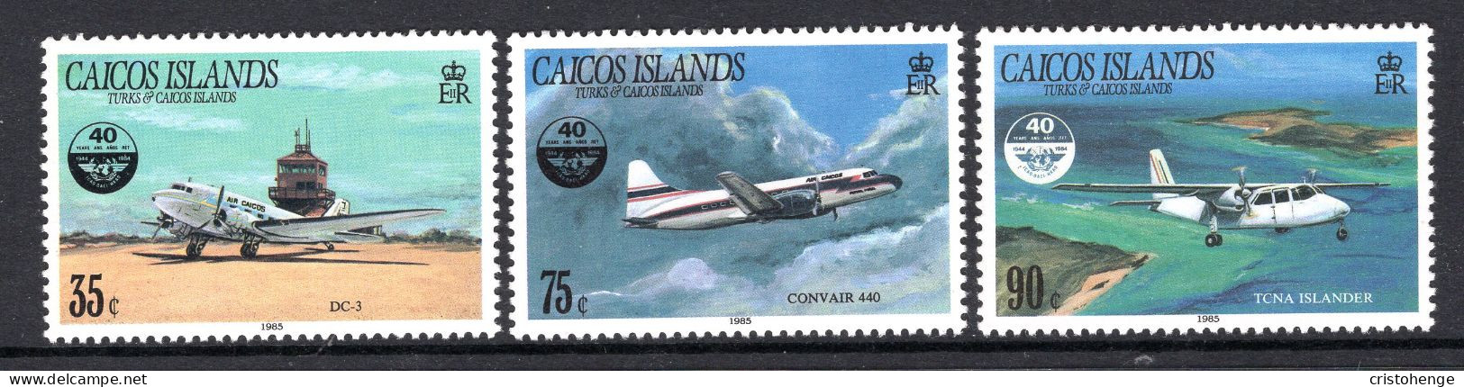 Caicos Islands 1985 40th Anniversary Of International Civil Aviation Organization Set MNH (SG 78-80) - Turks & Caicos