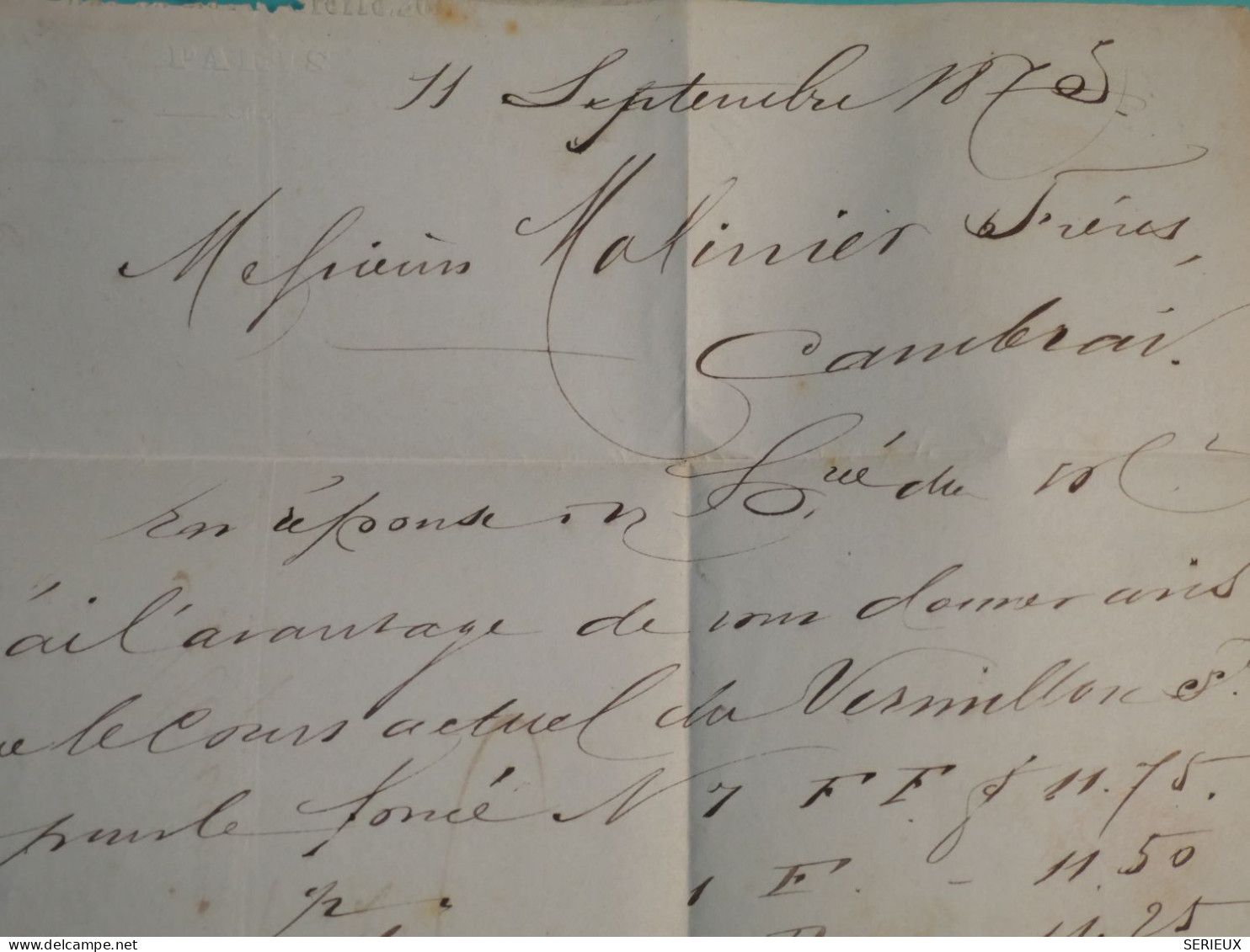 DI 3  FRANCE BELLE LETTRE 11 SEPTEMBRE  1875 ETOILE DE PARIS N°13 A  CAMBRAI   +AFF. INTERESSANT+++++ - 1849-1876: Classic Period