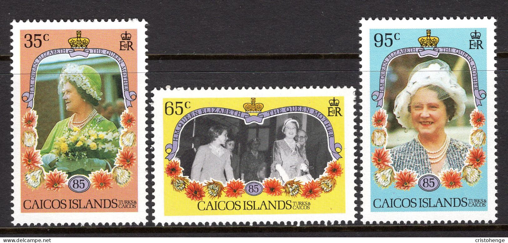 Caicos Islands 1985 Life & Times Of Queen Elizabeth The Queen Mother Set MNH (SG 82-84) - Turks & Caicos