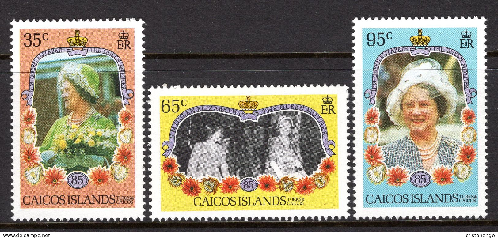 Caicos Islands 1985 Life & Times Of Queen Elizabeth The Queen Mother Set MNH (SG 82-84) - Turks And Caicos