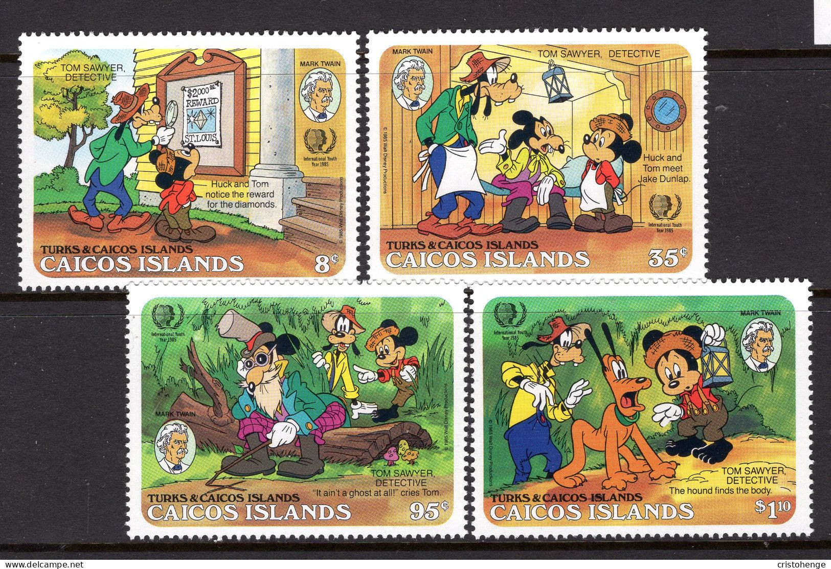 Caicos Islands 1985 150th Birth Anniversary Of Mark Twain - Walt Disney Characters Set MNH (SG 86-89) - Turks & Caicos