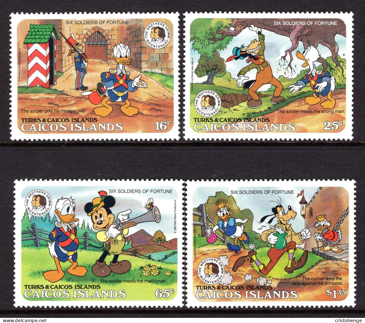 Caicos Islands 1985 Birth Bicentenaries Of Grimm Brothers - Walt Disney Characters Set MNH (SG 91-94) - Turks And Caicos