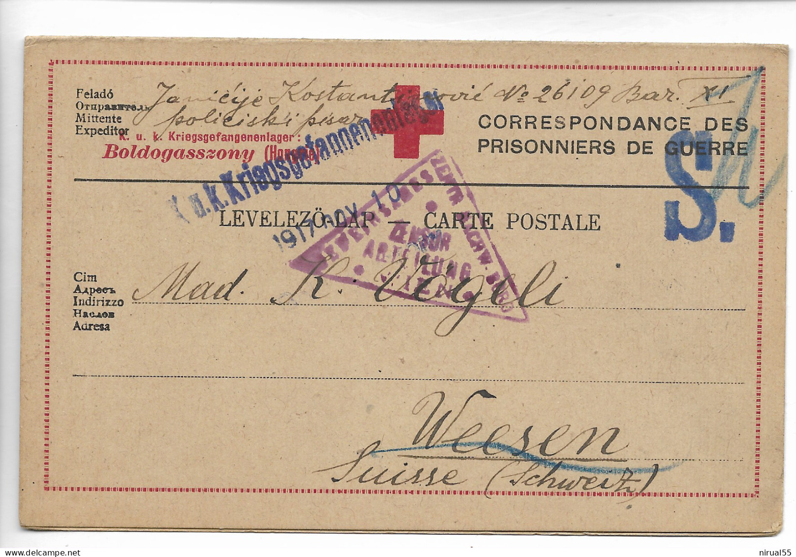 BOLDOGASSZONY Hongrie 14/18 CROIX ROUGE Carte Avec Réponse Croix Rouge Cachet De Censure + Contrôle RARE 11    ...     G - Marcophilie