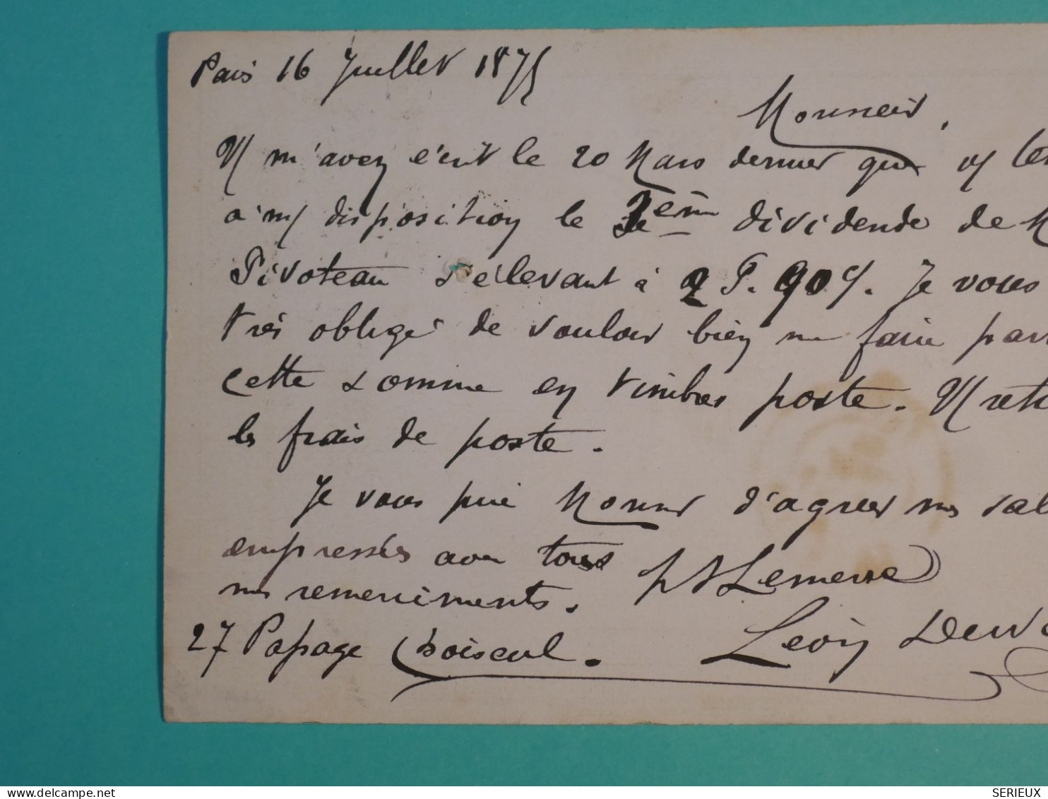 DI 3  FRANCE BELLE  CARTE  1875 ETOILE DE PARIS N°8 A  ISSOUDUN  + CERES 15C +AFF. INTERESSANT+++++ - 1849-1876: Periodo Clásico