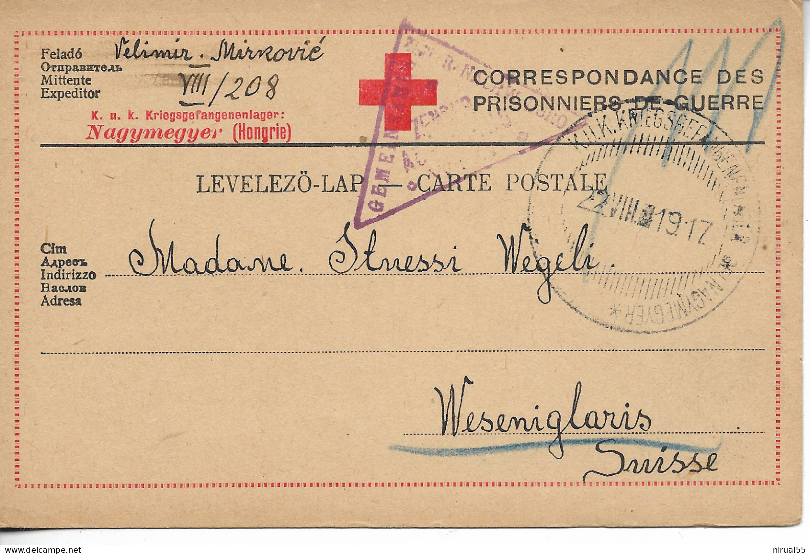 NAGYMEGYER Hongrie 14/18 Sur Carte CROIX ROUGE Correspondance Prisonnier De Guerre + Réponse Non Servie Détach ...     G - Marcofilie