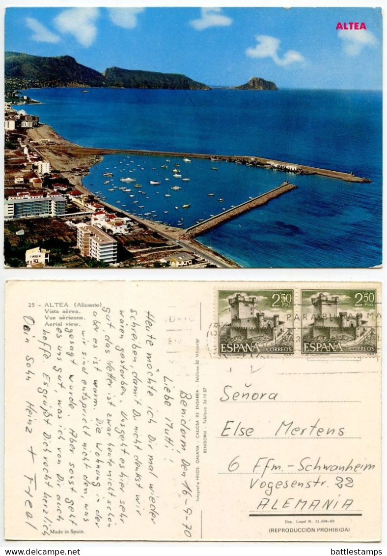 Spain 1970 Postcard Altea, Alicante - Aerial View; 2.50p Villasobroso Castle, Pontevedra (pair) Stamps - Alicante