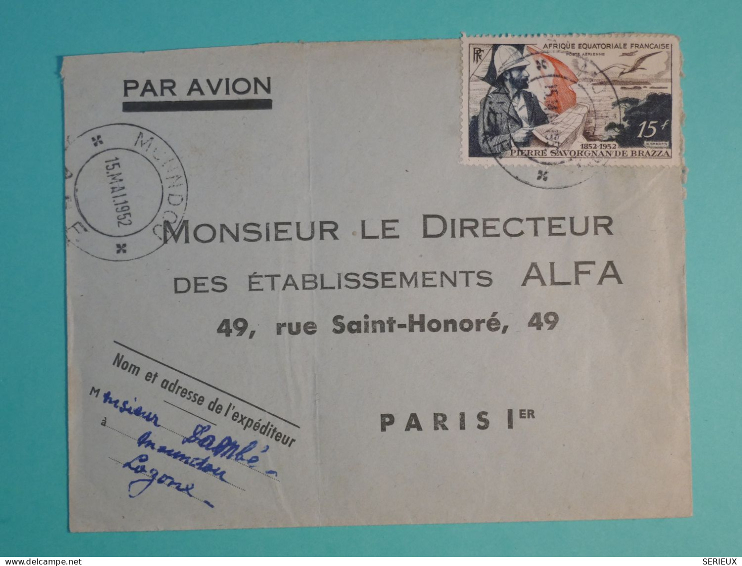 DI 3 AEF   BELLE  LETTRE   1952  PETIT BUREAU  MONMOUDOU A PARIS  FRANCE+AFF. INTERESSANT+++++ - Storia Postale