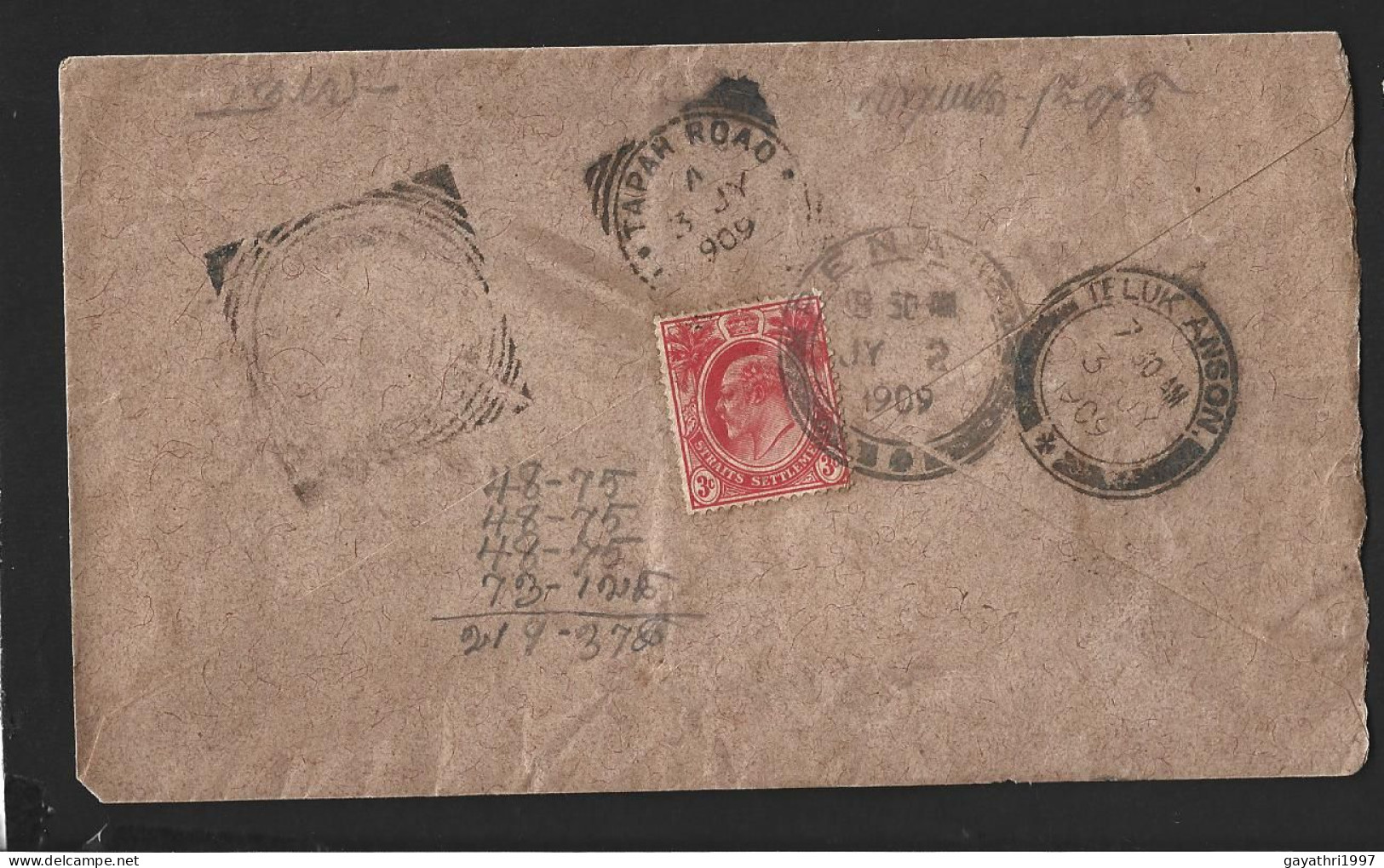 Straits Settlement Stamp On Cover From Penang To Tapah Via Teluk Anson With Square Cancellation  11-may- 1935 (B41) - Straits Settlements