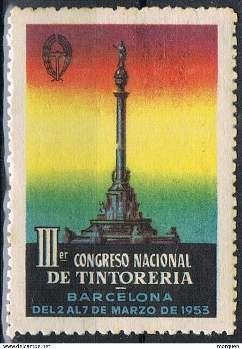 Sello Viñeta BARCELONA 1953, III Congreso Nacuional Tintoreria. Estatua De COLON - Variedades & Curiosidades