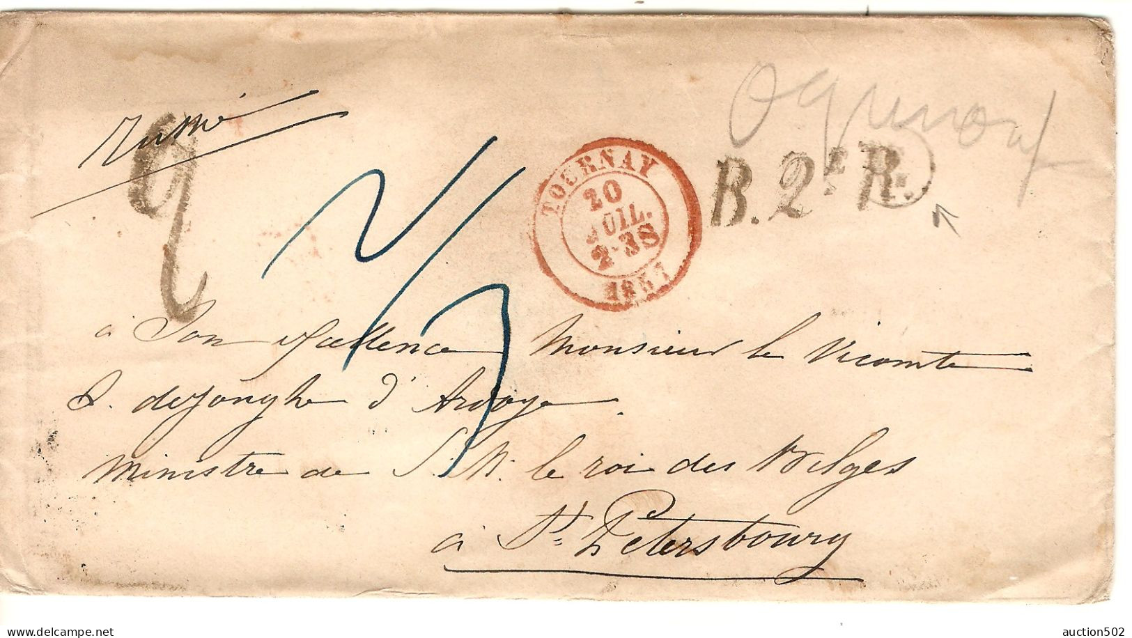 Lettre Sans Contenu Obl.Tournay 20/7/1857 B.2.R  Taxe 2/3 & Taxe 2 Barré > Ministre S.M. Le Roi  St.Petersbourg Russie - 1849-1865 Médaillons (Autres)