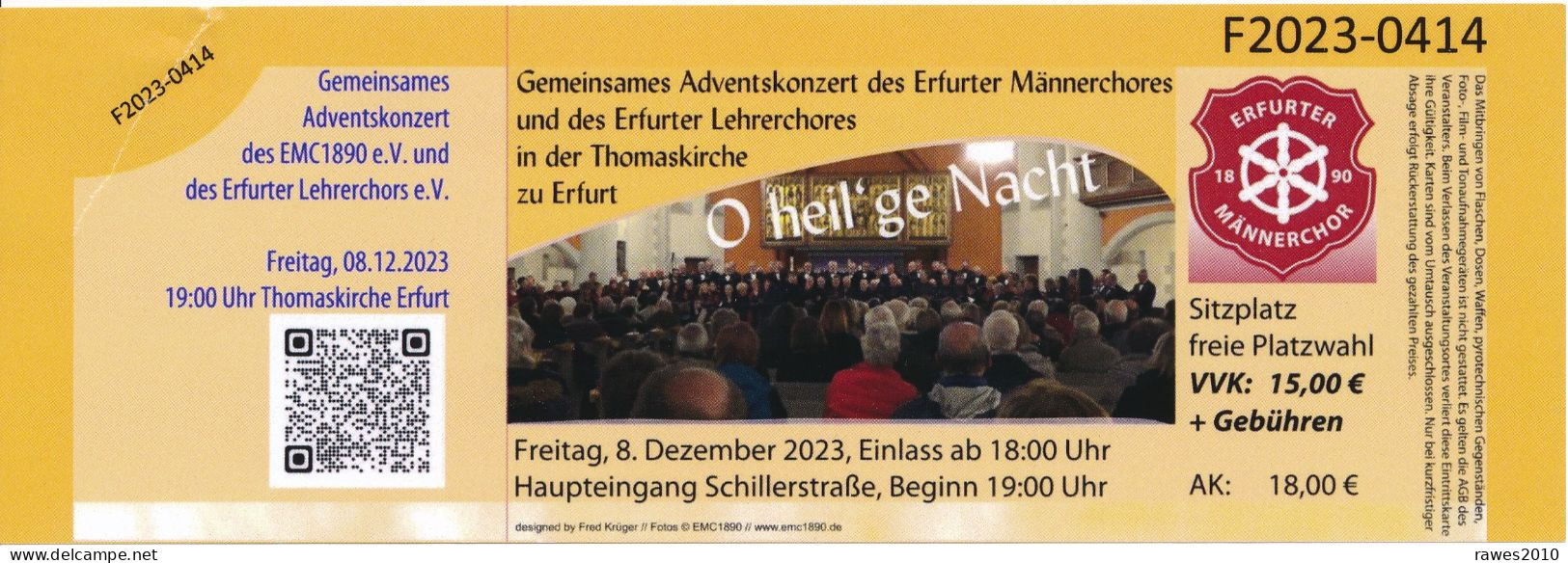 BRD Erfurt Eintrittskarte 2023 Thomaskirche Adventskonzert Chöre - Biglietti D'ingresso