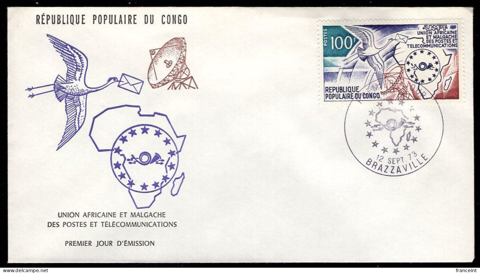 CONGO(1973) Bird Delivering Letter. Satellite Dish. Map Of Africa. Unaddressed FDC. Scott No 289, Yvert No 339. - FDC