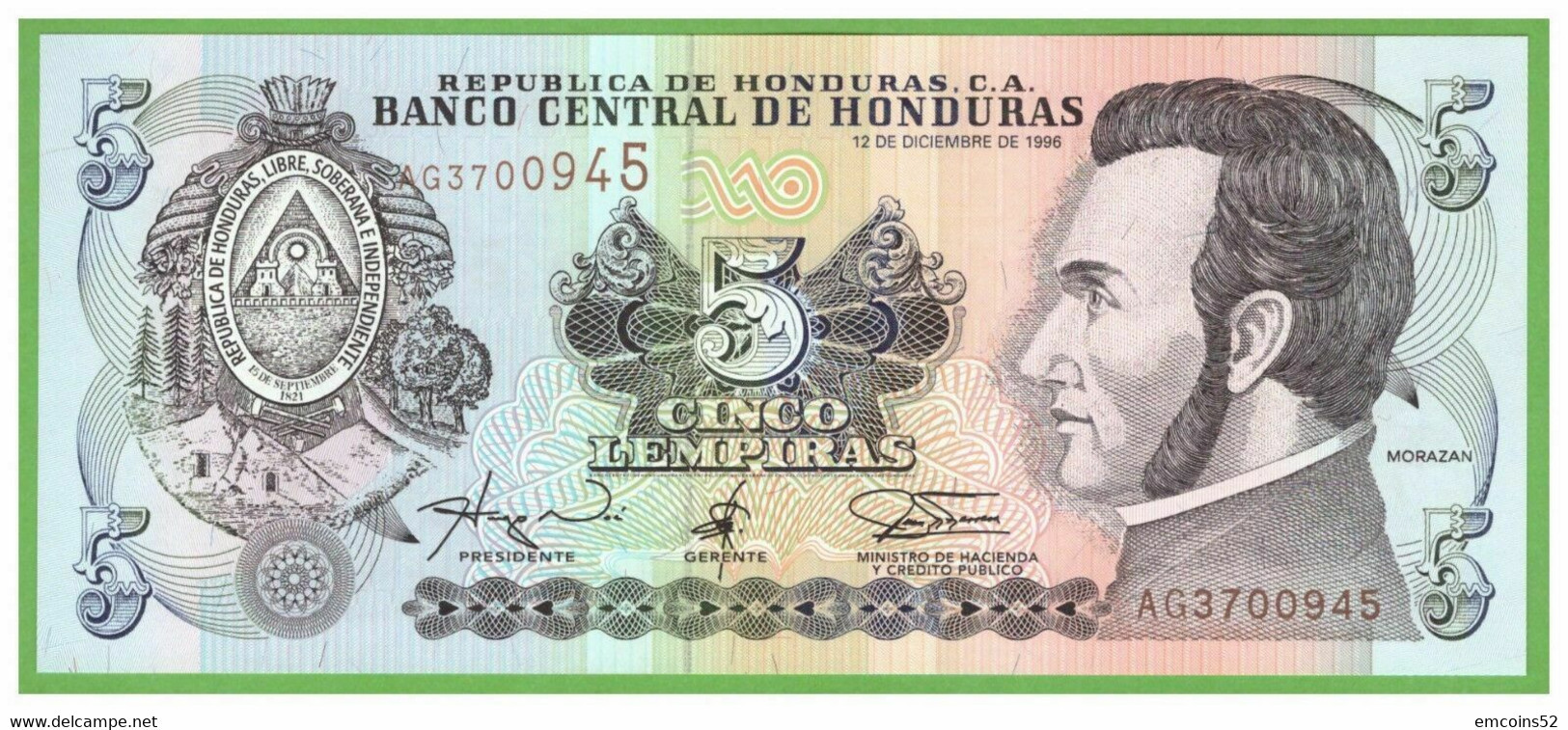 HONDURAS 5 LEMPIRAS 1996  P-81a UNC - Honduras