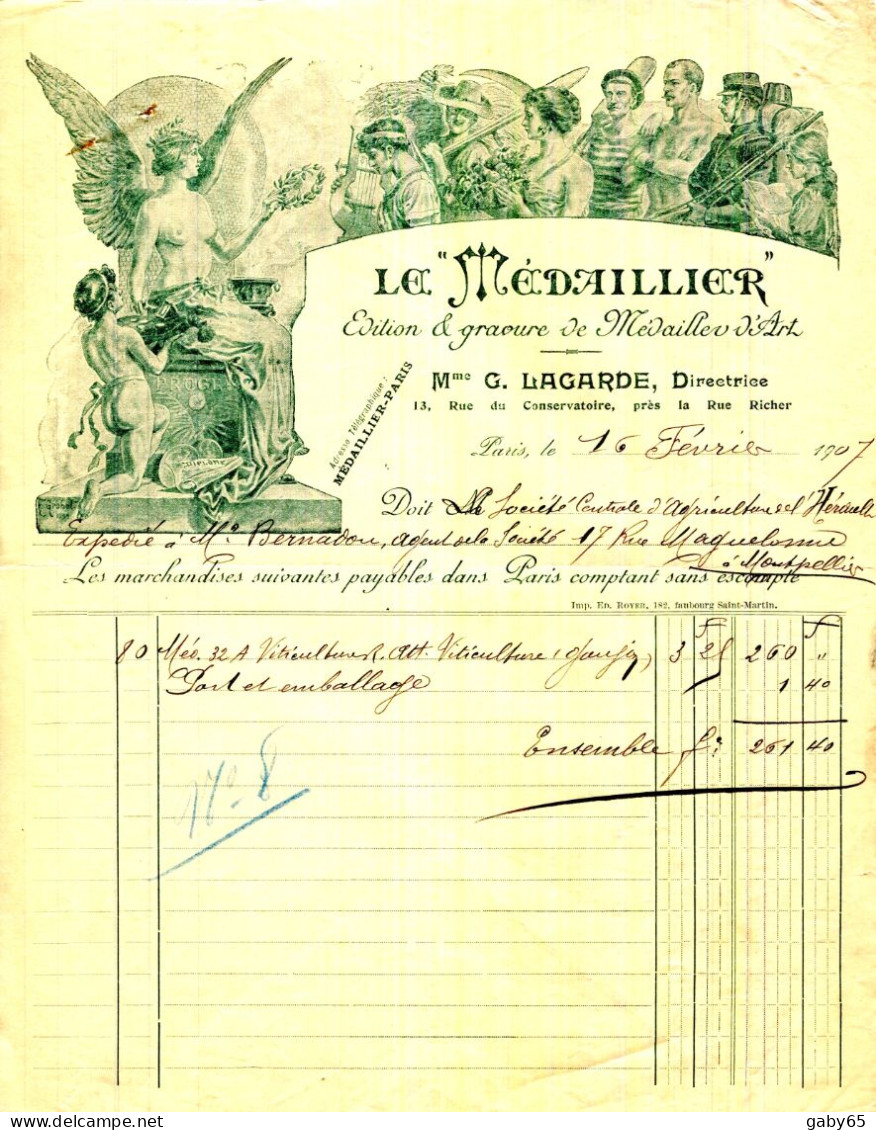 FACTURE.PARIS.ÉDITIONS & GRAVURE DE MEDAILLE D'ART " LE MEDAILLIER " Mme.LAGARDE DIRECTRICE 13 RUE DU CONSERVATOIRE. - Drukkerij & Papieren