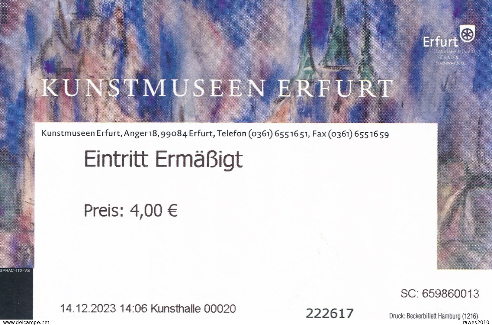 BRD Erfurt Eintrittskarte Ermäßigt 2023 Kunstmuseum Erfurt - Biglietti D'ingresso