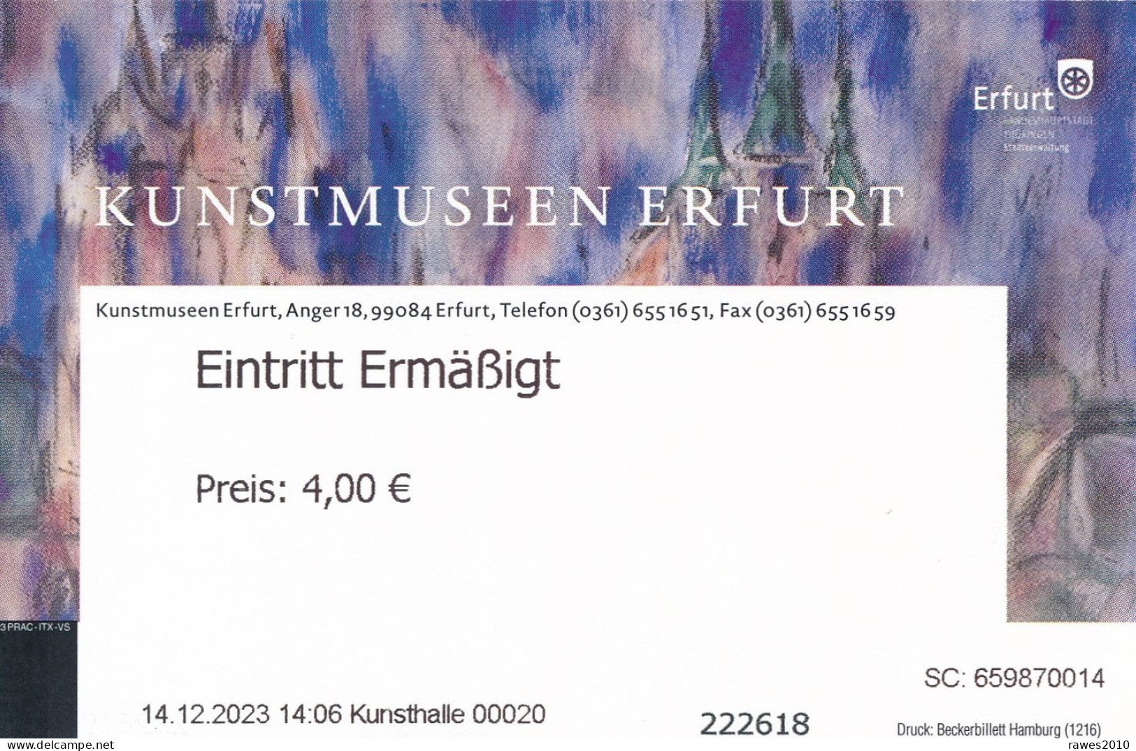 BRD Erfurt Eintrittskarte Ermäßigt 2023 Kunstmuseum Erfurt - Biglietti D'ingresso