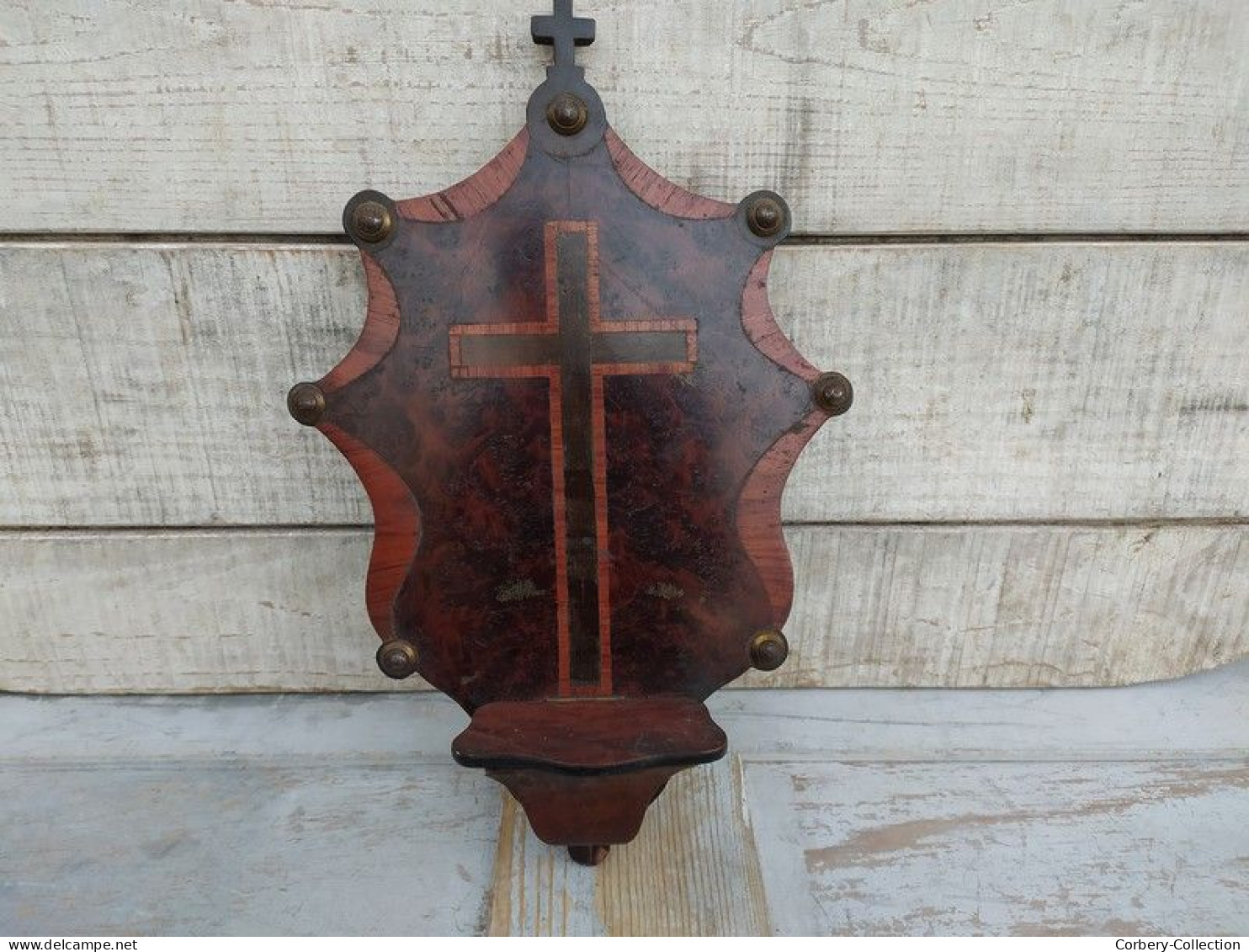 Ancien Bénitier Socle Crucifix Marqueterie Bois De Loupe - Art Religieux