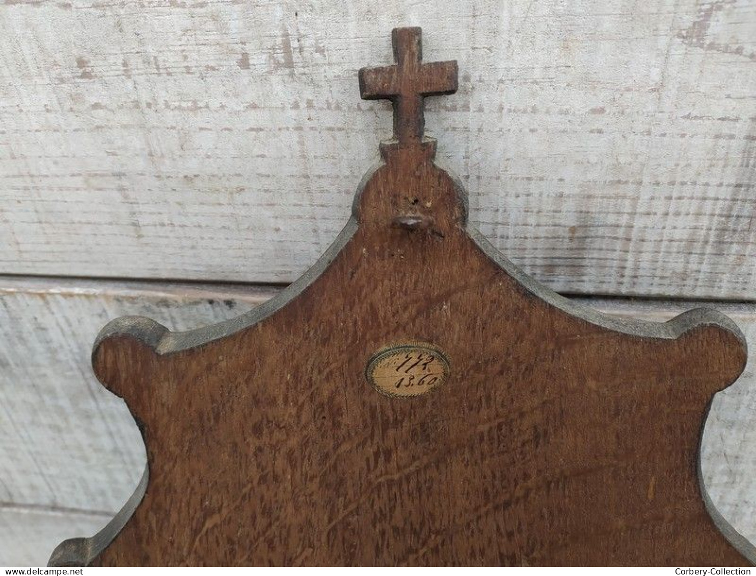 Ancien Bénitier Socle Crucifix Marqueterie Bois de Loupe