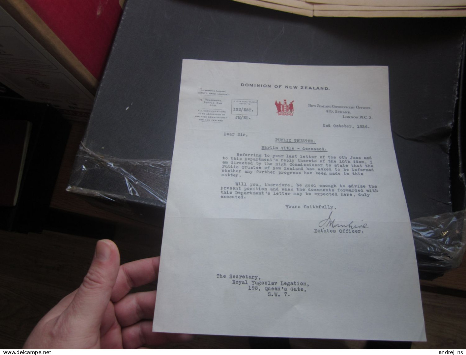 Dominion Of New Zealand 1936 Estates Officer Signatures  New Zealand Governments Offices London - United Kingdom