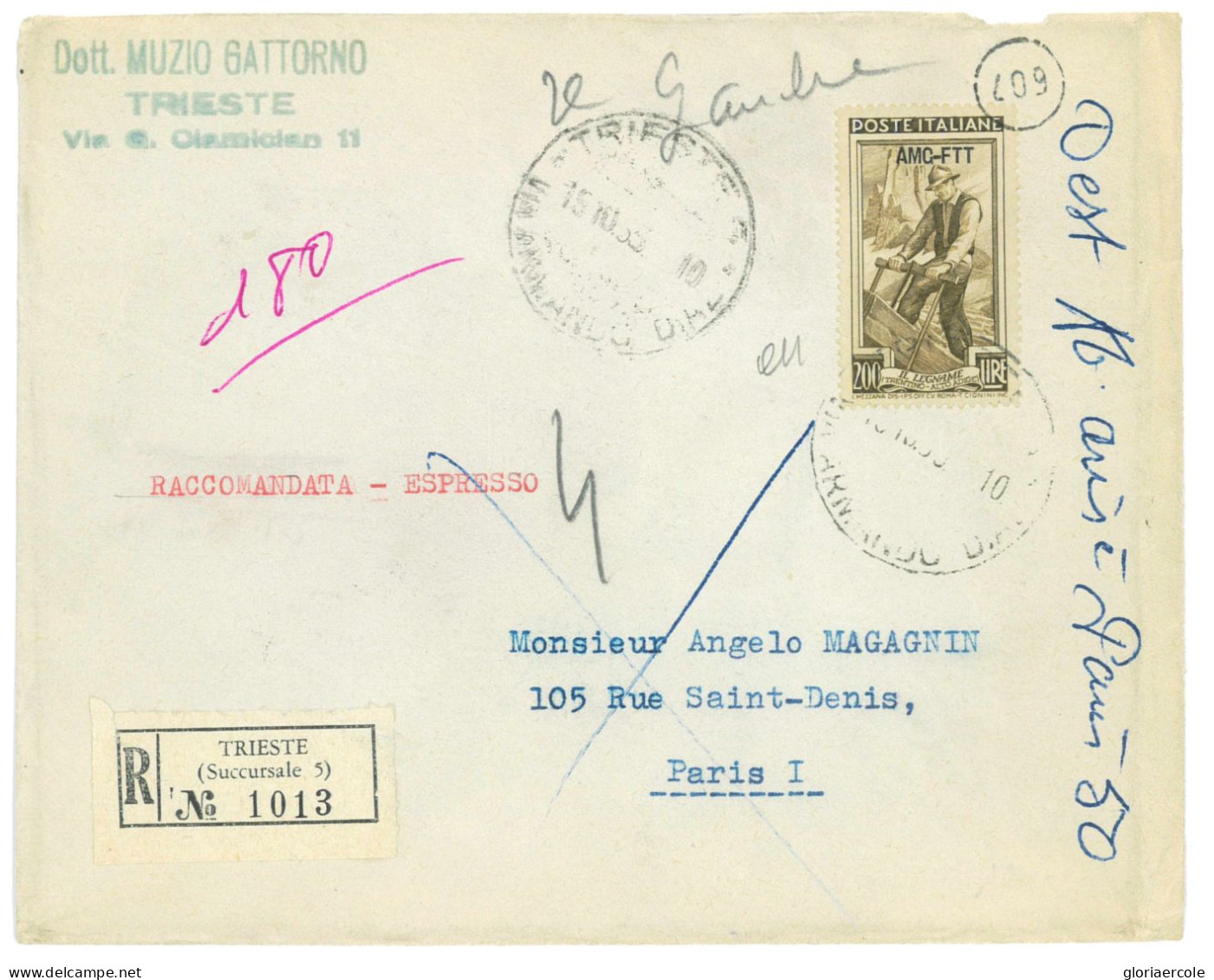 P2660 - ITALIA AMG-FTT , 200 LAVORO ISOLATO SU BUSTA RACCOMNDATA PER PARIGI. - Storia Postale