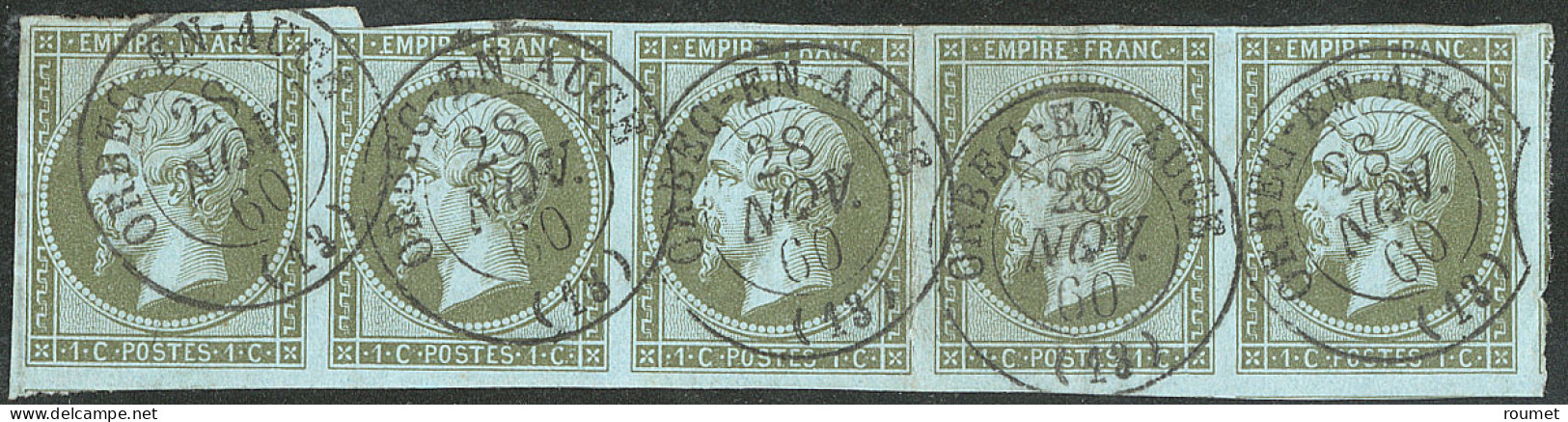 No 11, Olive, Bande De Cinq (un Ex Def), Un Voisin, Obl Cad Orbec En Auge 28 Nov 60. - TB - 1853-1860 Napoléon III