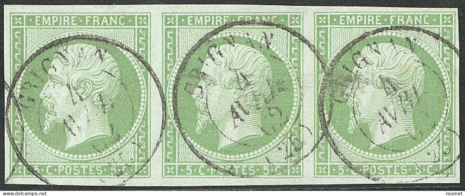 No 12, Vert, Bande De Trois Obl Cad Grignan Avril 62. - TB - 1853-1860 Napoléon III.