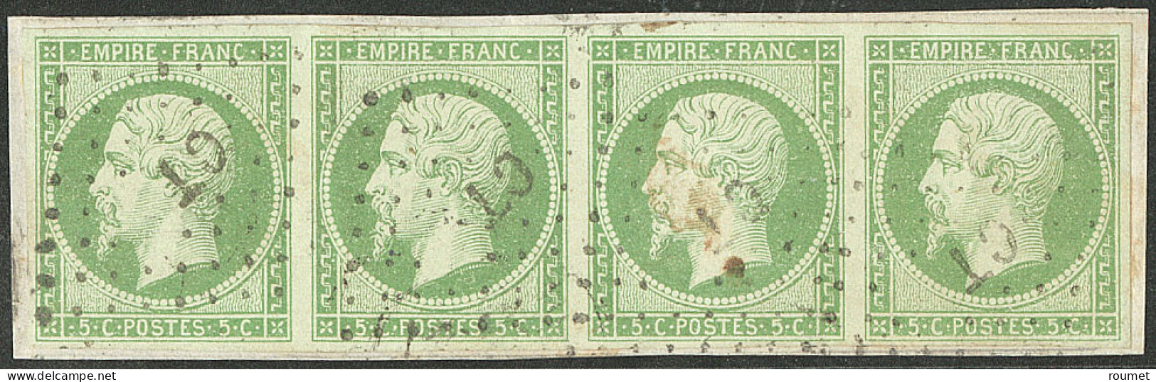 No 12, Vert, Bande De Quatre Obl Ambulant "CT" Sur Support. - TB - 1853-1860 Napoleone III
