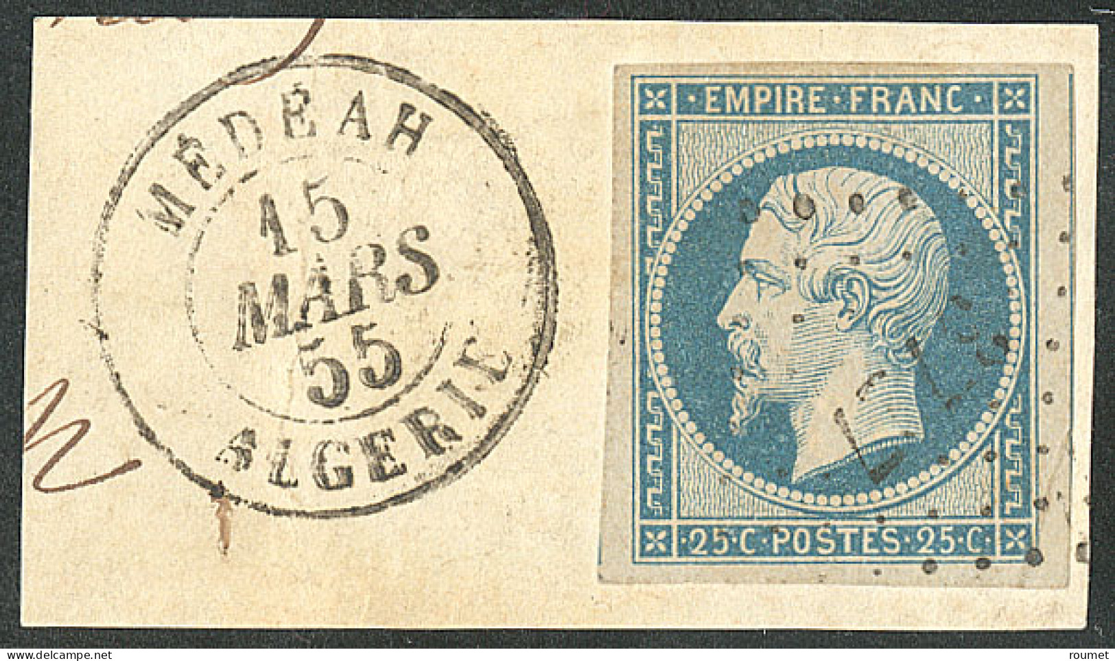 Algérie. No 15, Bleu, Obl Pc 3727 Sur Petit Fragment Avec Cad Médéah 15 Mars 55. - TB - 1853-1860 Napoléon III.