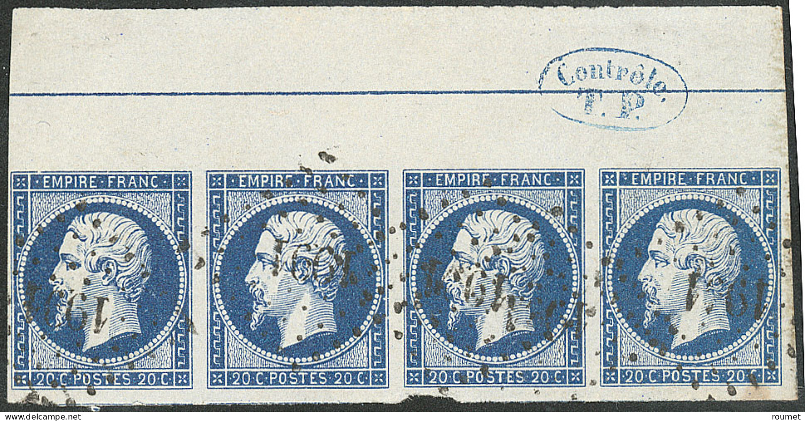 Filet D'encadrement. No 14Ai, Bleu Foncé, Bande De Quatre Bdf Avec "Contrôle TP", Superbe. - R - 1853-1860 Napoléon III