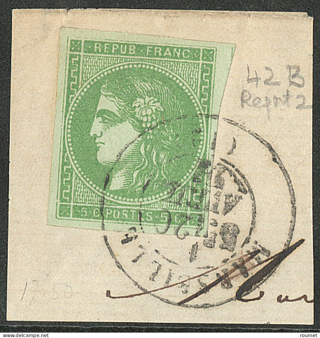 No 42Ba, Vert-jaune Foncé, Un Voisin, Obl Cad Sur Petit Fragment. - TB - 1870 Uitgave Van Bordeaux