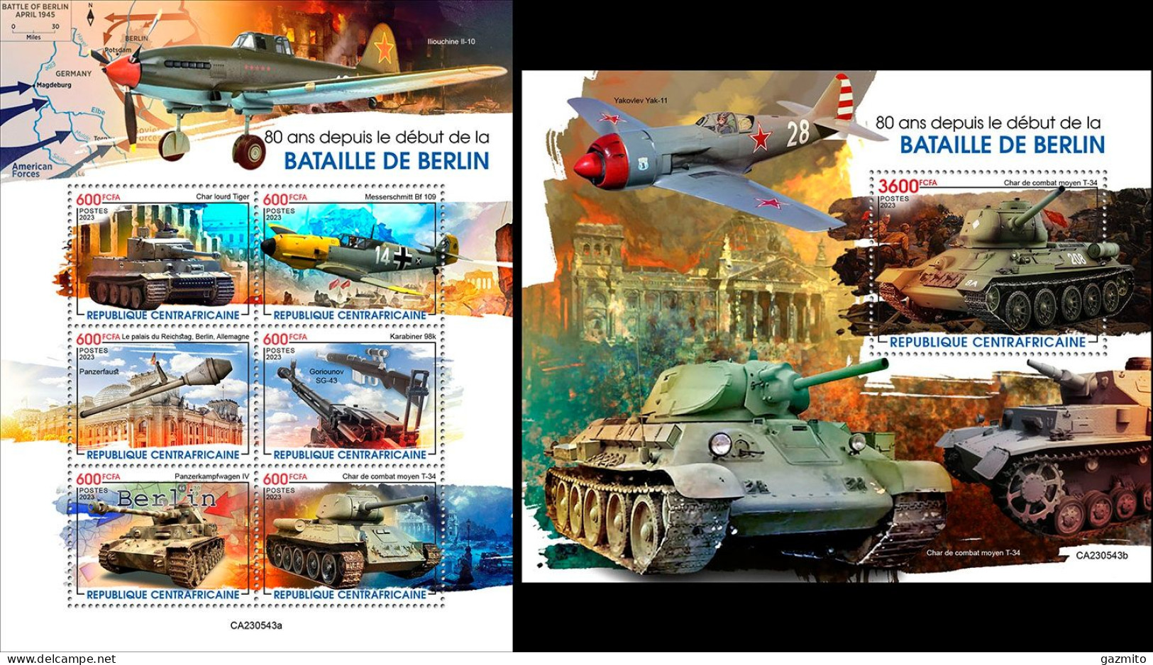 Centrafrica 2023, WWII, Battle Of Berlin, Tank, Planes, 6val In BF+BF - Sonstige (Land)