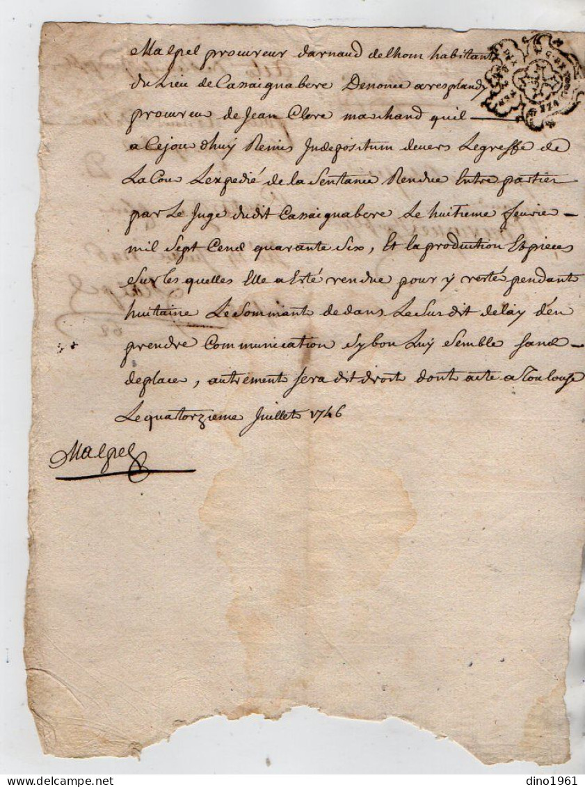 VP22.954 - Cachet De Généralité De TOULOUSE - Acte De 1746 - - Gebührenstempel, Impoststempel